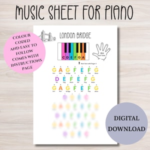 London Bridge Piano music sheet, learn piano colour coded for kids and beginners, letter notes, simple easy piano sheet