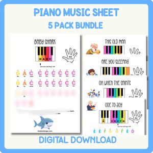 Op de afbeelding: Een 5-delige bundel pianobladmuziek voor beginners, met kleurgecodeerde toetsen en handpositiegidsen voor liedjes zoals Baby Shark, This Old Man, Are You Sleeping, Oh When the Saints en Ode to Joy, beschikbaar als digitale download.