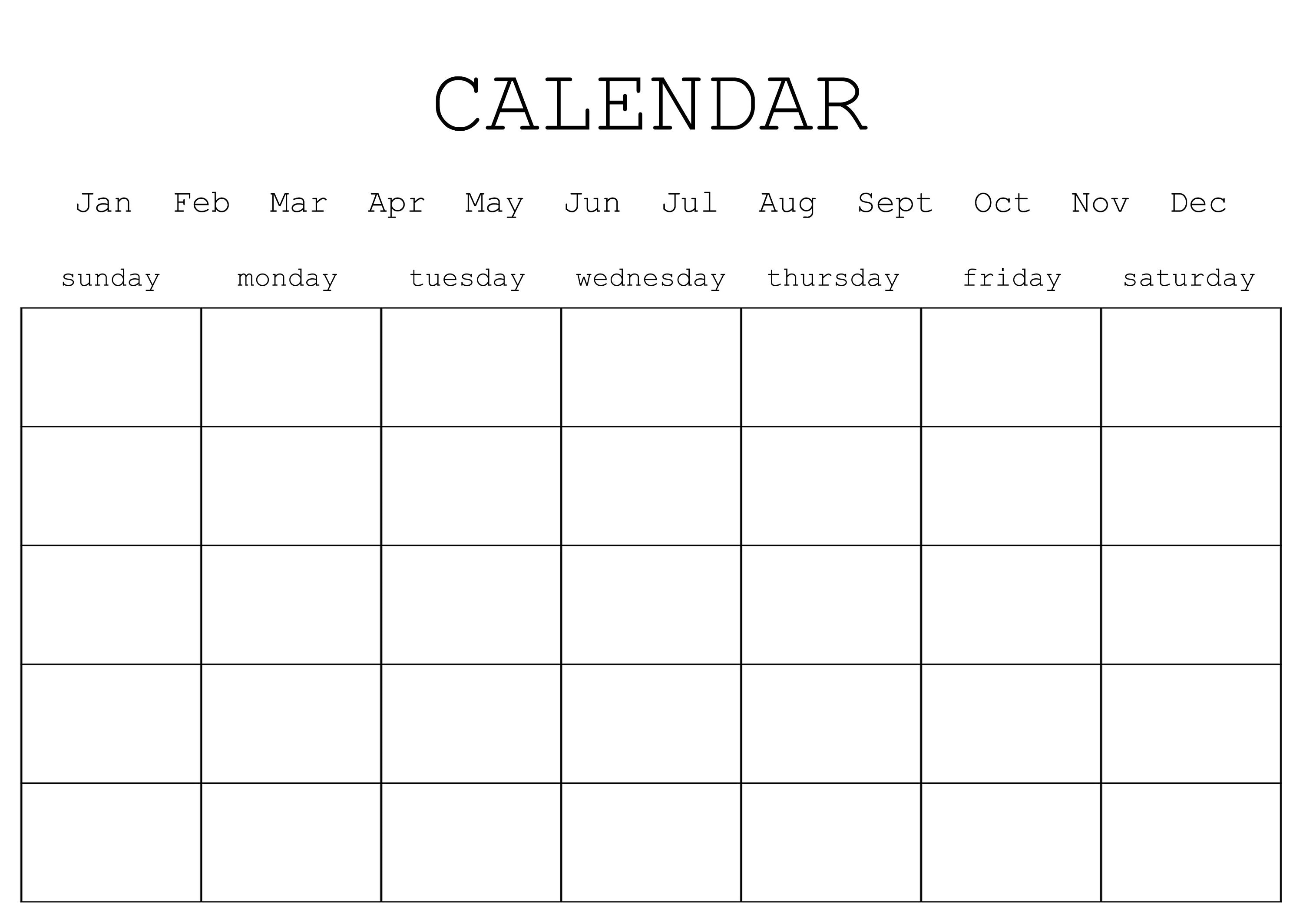 Blank Monthly Calendar Printable Digital File PDF File