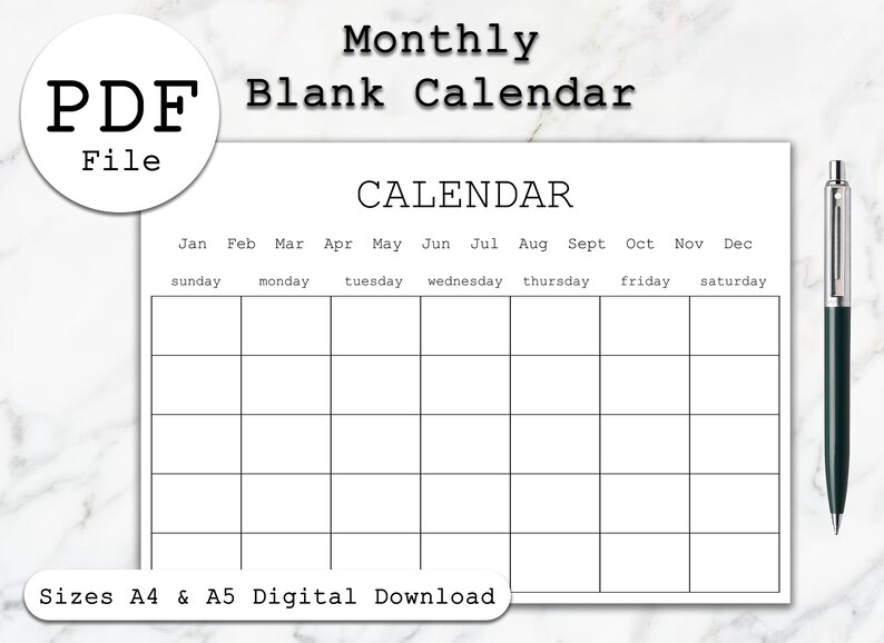 Blank Monthly Calendar | Printable | Digital File | PDF File ...