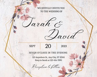 May include: Wedding invitation with a gold geometric frame and pink floral accents. The text reads "We joyfully invite you to the wedding of Tarah & David, Sept 20, 2023, Seven o'clock in the evening, 123 Anywhere St., Any City, ST 12345, Rsvp to Sarah at 123-456-7890, Reception to follow."