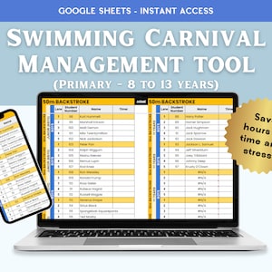 May include: A laptop computer screen displaying a Google Sheets spreadsheet with a swimming carnival management tool for primary school children. The spreadsheet is titled "50m Backstroke" and lists student numbers, names, and lanes. The spreadsheet is designed to help organise and manage a swimming carnival for children aged 8 to 13 years old. The image also includes a mobile phone displaying a similar spreadsheet.
