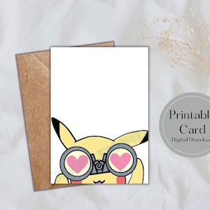 Digitale download, afdrukbare Pokemon Cute Pikachu-kaart voor hem of voor haar, het beste voor Valentijnsdag met/zonder tekst