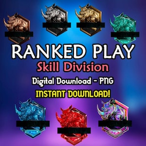 May include: Digital download of seven different ranked play skill division icons featuring a rhinoceros in various colors and designs. The icons are in a circle with the text "Ranked Play Skill Division" and "Instant Download!" below.
