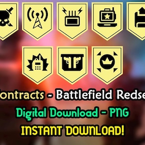May include: A digital graphic featuring seven yellow pennants with black icons, including a skull, antenna, and laptop. The text "Contracts - Battlefield Redsec" and "Digital Download - PNG INSTANT DOWNLOAD!" are also present.
