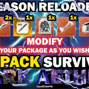 Puede incluir: Un gráfico digital titulado SEASON RELOADED que presenta un paquete 9x PACK SURVIVAL DARK AETHER. Muestra iconos de dos objetos con pinchos, dos llaves inglesas, un bolígrafo infinito, una placa de conejo, un hueso, una caja de munición y un estuche de armas sobre un fondo de rayos.
