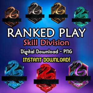 Może przedstawiać: Cyfrowy download 7 różnych ikon podziału umiejętności gry rankingowej w kształcie węża. Ikony są w różnych kolorach, w tym złoty, srebrny, brązowy, zielony, niebieski, czerwony i fioletowy. Ikony mają sześciokątny kształt i przedstawiają węża owiniętego wokół klejnotu.