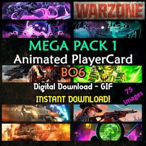 以下が含まれることがあります： アニメーションプレイヤーカードのデジタルダウンロードグラフィック。画像には「MEGA PACK 1 Animated PlayerCard BO6 Digital Download - GIF INSTANT DOWNLOAD！」と「75 images」の文字が含まれています。カードにはさまざまなファンタジーと戦争のテーマがあります。