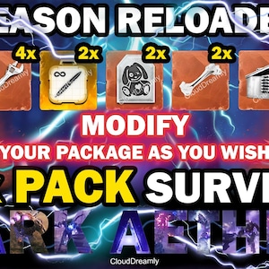 May include: A digital image promoting an "Season Reloaded" 18x pack survival game with the title "Dark Aether". The image features a row of nine colourful boxes with different icons, each labelled with a quantity multiplier (4x or 2x). The text "Modify your package as you wish" is displayed below the boxes.