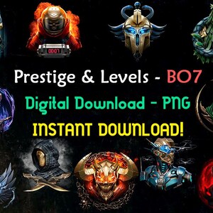 Puede incluir: Una descarga digital con varios diseños de personajes con armaduras y cascos futuristas. La imagen incluye el texto "Prestige & Levels - BO7", "Digital Download - PNG" y "INSTANT DOWNLOAD!" sobre un fondo negro.