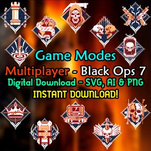 Puede incluir: Gráfico de descarga digital con varios emblemas de modo de juego. El diseño incluye una pieza de ajedrez, una serpiente, una calavera y armas cruzadas. El texto dice "Game Modes Multiplayer - Black Ops 7 Digital Download - SVG, AI & PNG INSTANT DOWNLOAD!"