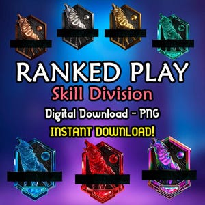 May include: Digital download of seven wolf-themed icons for ranked play in a video game. The icons are in different colors and feature a wolf howling at the moon. The text "Ranked Play Skill Division" is displayed below the icons. The text "Digital Download - PNG" and "Instant Download!" is displayed below the text.
