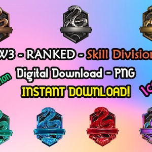 Op de afbeelding: Een set digitale download-iconen voor Call of Duty: Modern Warfare 3, die verschillende gerangschikte vaardigheidsdivisies tonen. De iconen hebben een slangontwerp met verschillende kleurschema's, waaronder brons, zilver, groen, blauw, rood en iriserend.