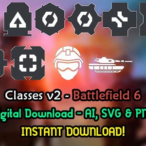 Puede incluir: Diseño gráfico digital con iconos militares blancos sobre fondo gris oscuro. La imagen incluye un casco de soldado, un tanque y el texto "Classes v2 - Battlefield 6".