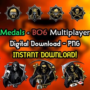 Puede incluir: Una descarga digital de 12 medallas multijugador de Call of Duty: Black Ops 6. Las medallas tienen un esquema de color dorado y negro y presentan varios diseños, incluidos cráneos, ángeles y otras imágenes de temática militar. El texto "Medals - BO6 Multiplayer Digital Download - PNG INSTANT DOWNLOAD!" se muestra en la imagen.