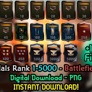 Puede incluir: Medallas digitales para Battlefield 6, con rangos del 1 al 5000. La imagen presenta varios diseños de insignias en tonos verdes, dorados y azules, con texto que indica los números de rango y la frase "+120 Files".