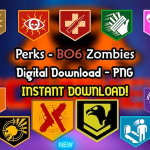 Peut inclure: Un téléchargement numérique de 10 icônes de perk différentes de Call of Duty: Black Ops 6 Zombies. Les icônes sont de couleurs variées et présentent différents symboles, tels qu'un crâne, une croix et un symbole de radiation. Le texte "Perks - BO6 Zombies Digital Download - PNG INSTANT DOWNLOAD!" est affiché en haut de l'image.