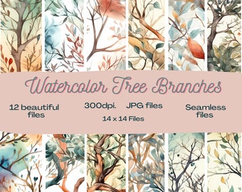 12 Seamless Watercolor Tree Branches for Digital Projects- Pattern- Scrapbooking- Website design- Beautiful Tree Branch Repeat Background