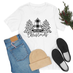 Merry Christmas T-shirt - Christmas Tree Plaid and Cheetah Print-  Unisex Jersey Short Sleeve Tee - Holiday Shirt
