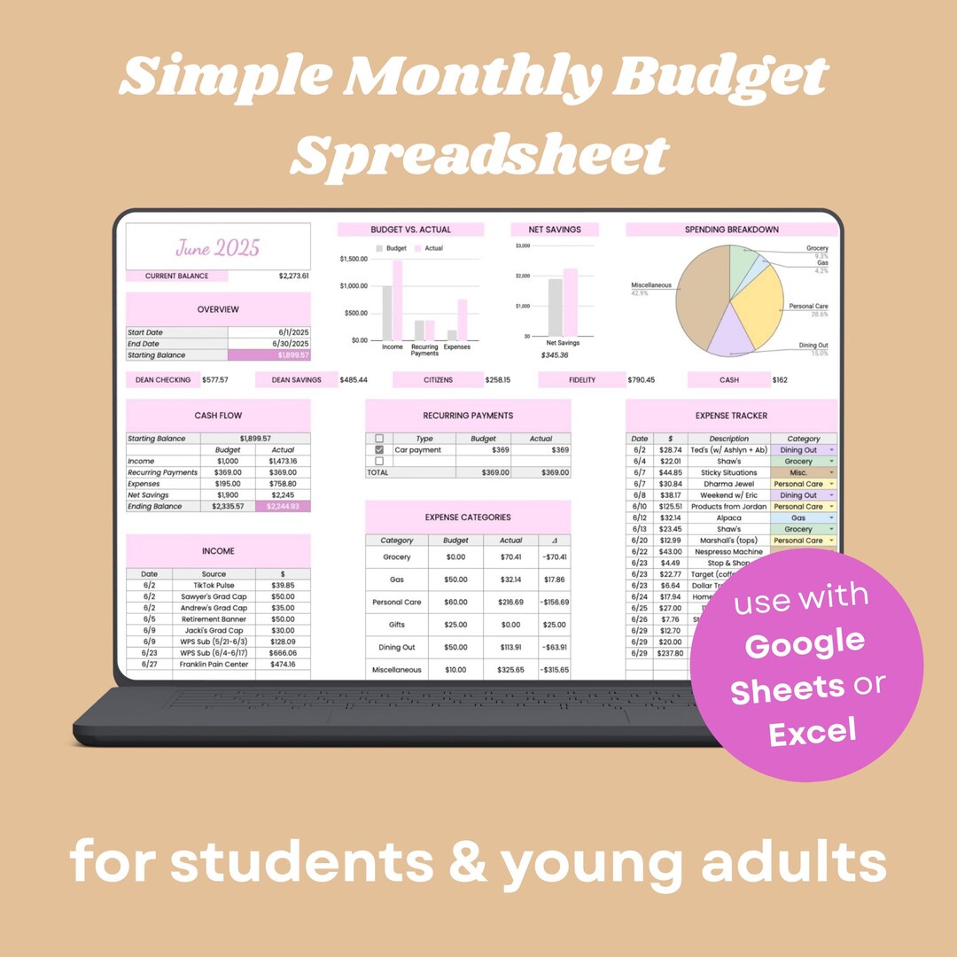 Simple Monthly Budget Spreadsheet | Excel Google Sheets Budget Planner ...