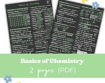 May include: Two pages of handwritten notes on a black background with green text. The notes cover the basics of chemistry, including bonding, molecular shape, Lewis structures, formal charge, orbitals, hybridization, boiling point, intermolecular forces, resonance, and acid-base chemistry.