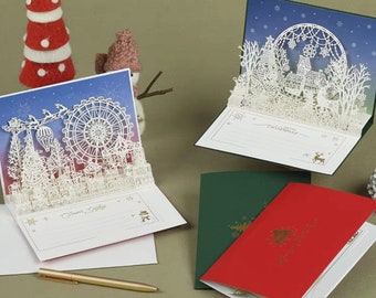 2 cartes de Noël 3D - Grande roue et village d'hiver, vacances, cartes de vœux, incl. 2 cartes !