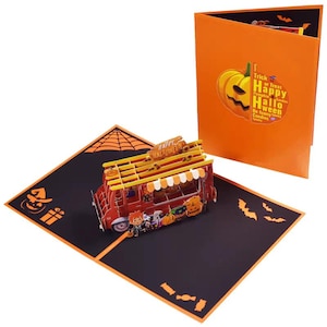 Carte pop-up 3D d'Halloween : au choix : cimetière hanté ou camion de bonbons à offrir | Carte de voeux fantasmagorique unique pour Halloween