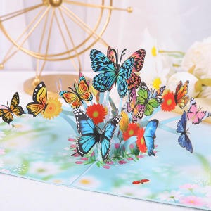 Carte pop-up papillon 3D - Carte de voeux faite main avec scène de jardin floral, parfaite pour les anniversaires, la fête des mères, les remerciements et toutes les occasions