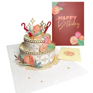 Carte pop-up pour gâteau d'anniversaire à deux niveaux - Roses, bougies, carte numérique, fait main, cartes de voeux