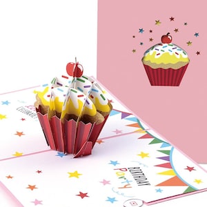 Carte pop-up gâteau d'anniversaire - Cupcake, gâteau aux fraises, joyeux anniversaire, carte de voeux, cerise sur le dessus, fait main