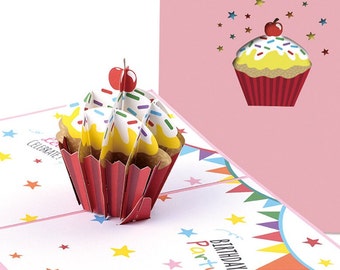 Carte pop-up gâteau d'anniversaire - Cupcake, gâteau aux fraises, joyeux anniversaire, carte de voeux, cerise sur le dessus, fait main