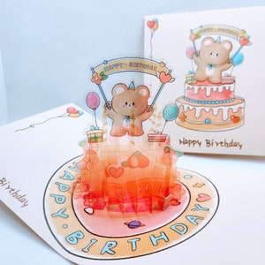 Carte pop-up anniversaire ours - gâteau aux fraises, ours, ballons, carte de voeux, fait main, cadeau pour elle