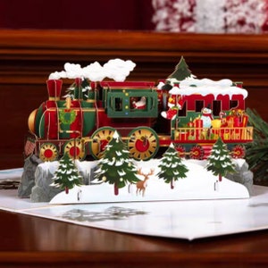 Carte pop-up train à vapeur de Noël - Carte de Noël, bonhomme de neige, faite main