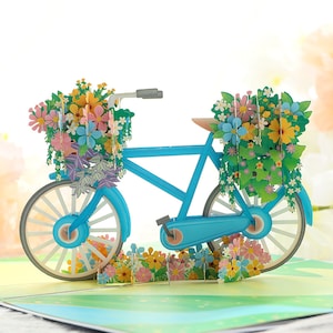 Carte de voeux pop-up - vélo avec paniers de fleurs, anniversaire, anniversaire, guérison, carte de la Saint-Valentin, fait main, cadeaux pour elle
