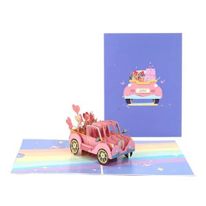Une voiture pleine d'amour qui vient à vous - Carte pop-up 3D faite main pour toutes les occasions spéciales, anniversaire, Saint-Valentin