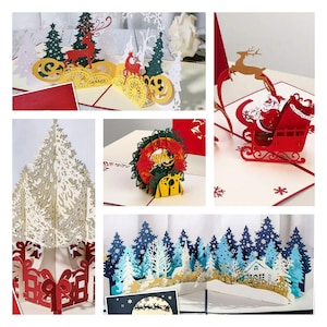 Carte de Noël pop-up - arbre à feuilles persistantes blanc, forêt d'hiver, père Noël en traîneau, couronne de Noël
