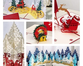 Christmas Pop Up Card - White Evergreen Tree, Winter Forest, Santa on a sleigh, Christmas Wreath