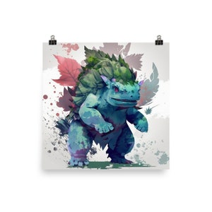 Póster de Venusaur - Acuarela majestuosa, Impresión de acabado mate, Arte icónico de Pokémon para fanáticos - Decoración de pared potente, vibrante y de alta calidad