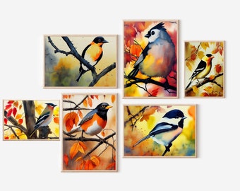 Fall Bird DIGITAL Art Gallery Set | Set of 6 Watercolor Home Prints | Gallery Wall Art | Bird Decor | Digital Download | Printable Art