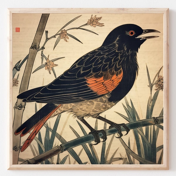 Ukiyo-e Red-Winged Blackbird Printable Art, New York Bird Home Decor, Elegant Wall Art for Sophisticated Midlife Style - Instant Download