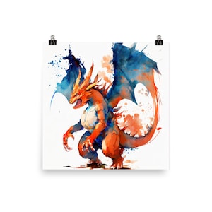 Póster de Charizard - Impresionante acuarela, Impresión de acabado mate, Arte icónico de Pokémon para fanáticos - Decoración de pared majestuosa, audaz y de alta calidad