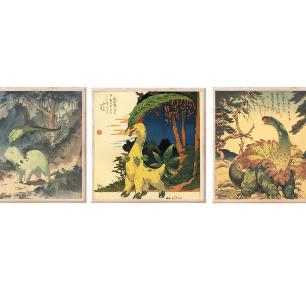Chikorita, Bayleef and Meganium Pokemon Wall Art Prints - Vintage Style, DOWNLOAD ONLY | Pokemon faux antique woodblock grass type Print