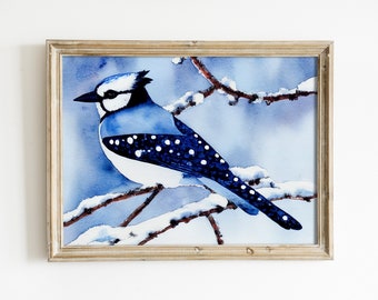 Printable Bluejay Bird Art Print | Winter Landscape | Bird Nursery and Wall Art Decor | Downloadable Digital Art