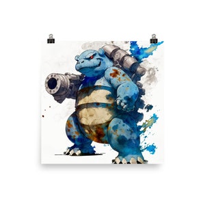 Póster de Blastoise: acuarela potente, impresión con acabado mate, arte icónico de Pokémon para fanáticos: decoración de pared majestuosa, impresionante y de alta calidad