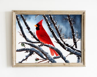 Printable Cardinal Bird Art Print | Winter Landscape | Bird Nursery and Wall Art Decor | Downloadable Digital Art