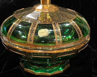 Bohemia Glass Vintage Bohemia Green/Gold Made in Czechoslovakia Covered Glass Bowl