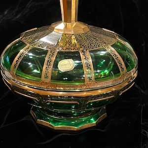 Vintage Bohemia Green/Gold Covered Glass Bowl Made in Czechoslovakia Bohemian Glass Serving Dish | Retro Glassware Collectible Kitchenware
