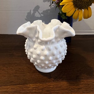 Rare Vintage Fenton Milk Glass Hobnail Vase | Ruffled Rim Collectible | Elegant White Decor | Timeless Beauty Floral Vase Trinket Jar