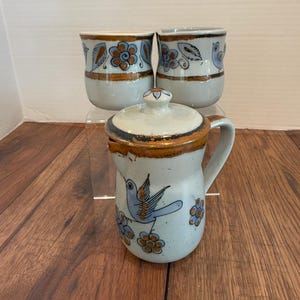 El Palomar Tonala Stoneware Vintage Ken Edwards Tonala Creamer Sugar Set: Hand-Painted Blue Bird Palomar Design, Mexican Folk Art