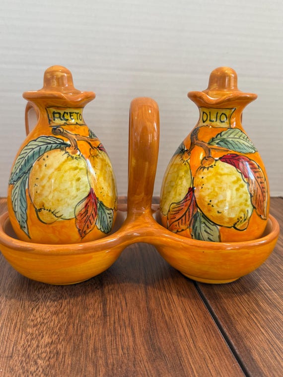 Prof.MANCINELLI Deruta イタリア製　デミタスコーヒーセット Vintage Deruta Italy Oil & Vinegar Cruet Set With Caddy – Hand